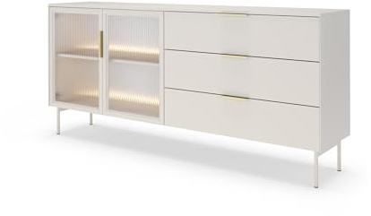 FURNLUX Lumi Sideboard, Beige & Gold, Laminated Chipboard/MDF/Glass, 181 x 39 x 83 cm, with 2 Glass Doors and 3 Drawers, Modern