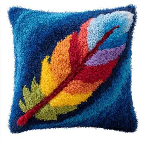 Henypt Kit de Almohadones con Cierre de Gancho plumas coloridas Kit De Cojines De Pestillo 43X43cm Funda de Cojín para Sofá, Latch Hook Manualidades Kits