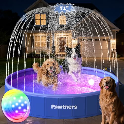 Pawtners Foldable Dog Pool with Sprinkler & RGB LED Light, 71 Collapsible Hard Plastic Swimming Pool for Small Large Dogs Cats and Kids, Portable Pet Bathing Tub Wading Pool for Backyard Camping Blue