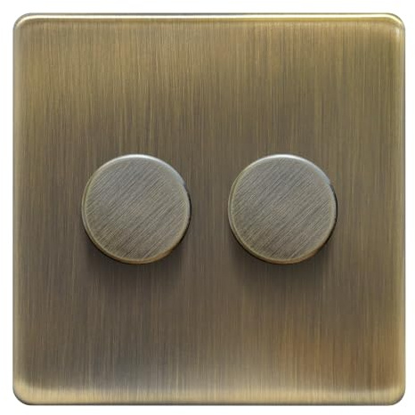 Evoges Terra Push Dimmer Light Switch, 250VA Rotary LED Dimmer, Antique Brushed Brass Decorative Metal Wall Plate, Push On Off Lighting Control (2 Gang)