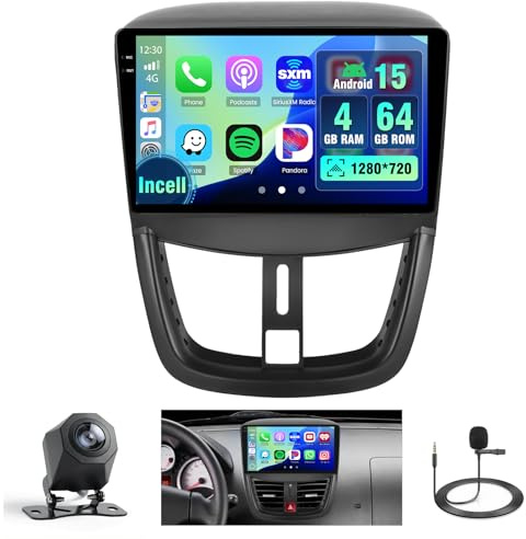 4+64G Android Autoradio med skärm för Peugeot 207 2006-2015 Trådlös Carplay, Autoradio med Navi 9 Tum Incell skärm Android Auto/FM/RDS/Backkamera