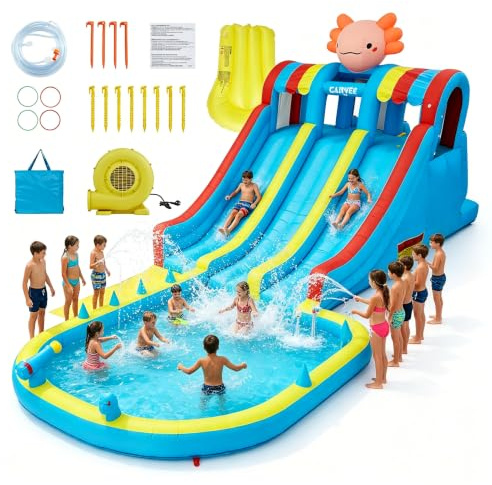 Castello Gonfiabile per Bambini con Scivolo d'acqua, Castello Gonfiabile XXL con Soffiatore, Castello Gonfiabile da Esterno, Pistola ad Acqua, Scivolo da Esterno, per Ogni Stagione, interno/esterno