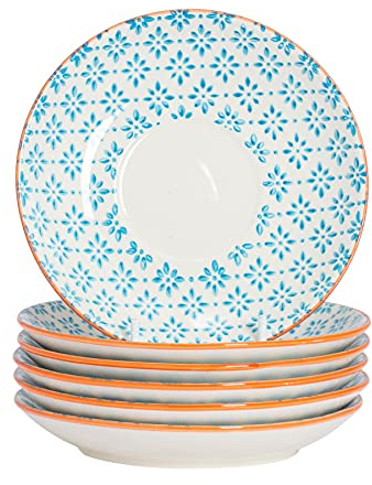Nicola Spring Hand Printed Cappuccino Saucers - 14.5cm - Blue - Pack of 6 - Stoneware Coffee Cup Saucers Traditional Floral Design Plates for Cappuccino, Espresso, Latte, Tea & Hot Drinks