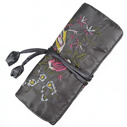 Wei Long Jewelry Roll, Travel Jewelry Roll Bag,Silk Embroidery Brocade Jewelry Organizer Case with Tie Close (Blossom, Dark Grey)