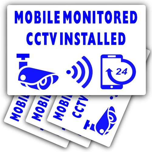 4 x Signs CCTV Mobile Monitored Installed Stickers EXTERNAL 24hr Security Warning Camera Vinyl Video Recording Home Premises Business Shop Blue on White 90x60mm