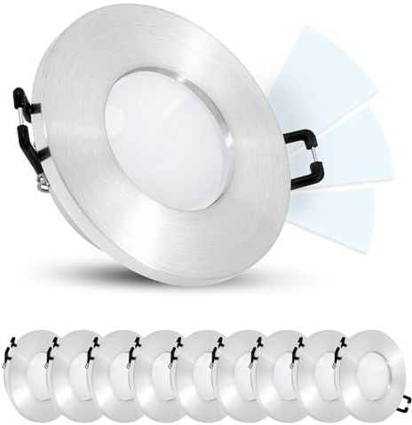 linovum ISASO Einbaustrahler 10er Set silber IP65 GU10 5W neutralweiß | Zehn Deckenspots IP65 Alu gebürstet - in 4 Stufen dimmbar ohne Dimmer, neutralweiß, für Bad, Dusche & außen, inkl. GU10 LED