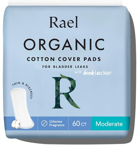 Rael Incontinence Pads for Women, Organic Cotton Cover, Postpartum Essential, Heavy Absorbency, Bladder Control, 4-Layer Core with Leak Guard Technology, Long Length (Moderate, 60 Count)