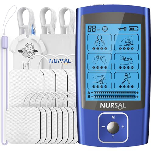NURSAL TENS EMS Unit Muscle Stimulator for Pain Relief Therapy, Electric 24 Modes Dual Channel TENS Machine Pulse Massager with 12 Pcs Electrode Pads/Continuous Stable Mode/Memory Function