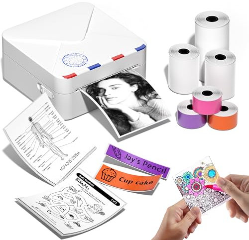 Phomemo M02S Taschendrucker, 300 DPI Mini Drucker für Smartphone Thermodrucker mit 6 Papierrollen, Kompatibel mit 15, 25, 53 mm Papier, ideal für Studium, Scrapbooking, Fotos, Geschenke (Weiß)