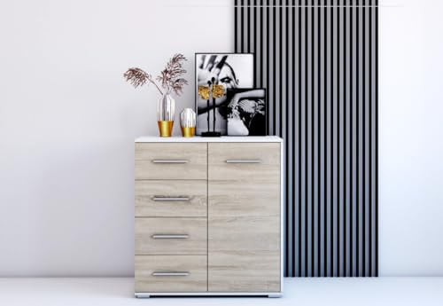 Fabryka Mebli Idźczak Schiebetürenschrank Frida 01 1D4S eleganter Kommode Schubladkasten Kommode mit Schubladen - Schlafzimmer Schiebetüren Schränkchen Stauraum Modern Design (Weiß/Sonoma)