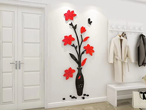 Stickers Muraux 3D Vase Autocollants ​Fleurs Miroir DIY Carthame Art Sticker Mural Romantique Famille Décoration Mur Autocollant Fond Chambre Décoration Chambre Murale