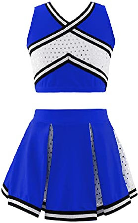 Alvivi Mädchen Cheer Leader Kostüm Cheerleading Uniform Crop Top mit Rock Schulmädchen Tanzkostüm Halloween Karneval Fasching Partykleid Royal Blau 158-164