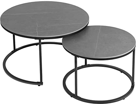 FATIVO Marmor Couchtisch 2er Set: Satztisch Rund Wohnzimmertisch mit schwarz Metallrahmen - Satztische fürs Wohnzimmer, Beistelltisch für Schlafzimmer Balkon - Klein 40×60cm / Groß 45×80cm