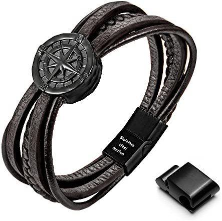 murtoo armband herren, lederarmband herren,armband herren leder, herren armband, braunes armband,kompass armband,schmuck herren(braun,schwarz,22cm)