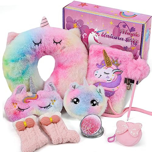 Tacobear Einhorn Geschenke für Mädchen 6 7 8 9 10 Jahre Kuscheltier Nackenkissen Schlafmaske Tagebuch mit Schloss Stift Socken Spielzeug Reise Zubehör Geburtstagsgeschenk Kinder