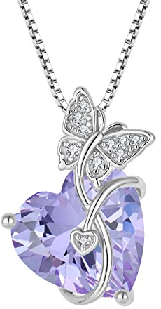 FJ Herz Schmetterling Kette Damen 925 Sterling Silber Geburtsstein Kette Anhänger Schmuck Geschenke für Frauen Mutter Freundin Mama