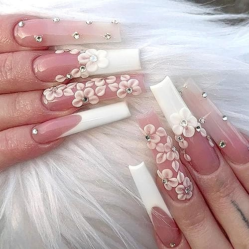 AKOFIC 24 Stück Nägel zum Aufkleben Lang, Sarg Press on Nails French, Nude Weiß Ballerina Kunstnägel mit Blumen Diamond Design, Coffin Fake Nails Künstliche Fingernägel für Frauen Mädchen