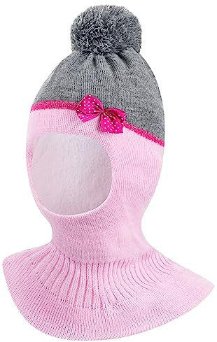 Smarilla Wintermütze Schalmütze Strickmütze Schlupfmütze warme Mädchenmütze Bommelmütze, Größe: 50-52, Farbe: Grau-Rosa