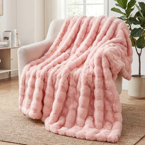Kuscheldecke Kaninchen Plüsch Decke Super Soft Wohndecke Dick 1000 G/M² Flanell Decke Couchdecke Warme Überwurfdecke Sofadecke Vielseitig Blanket Für Bett Sofa Schlafzimmer Büro Rosa 160 x 200cm