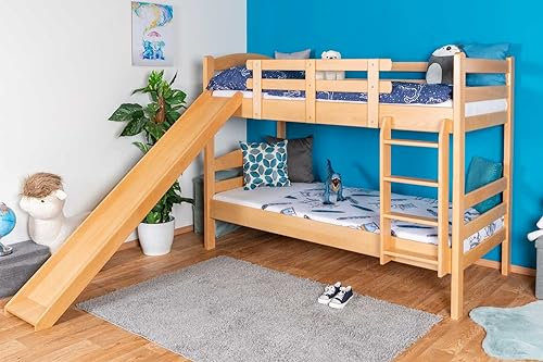 Etagenbett mit Rutsche 90 x 200 cm, Buche Massivholz Natur lackiert, teilbar in zwei Einzelbetten, Easy Premium Line K25/n