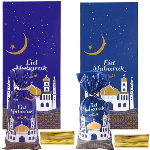 100 Stück Eid Mubarak Partytüten Geschenktüten, Ramadan Thema Moschee Gedruckte Muster Party Treat Taschen, Ramadan Geschenkbeutel mit 100 Twist Krawatten für Eid Mubarak Party Deko (B)