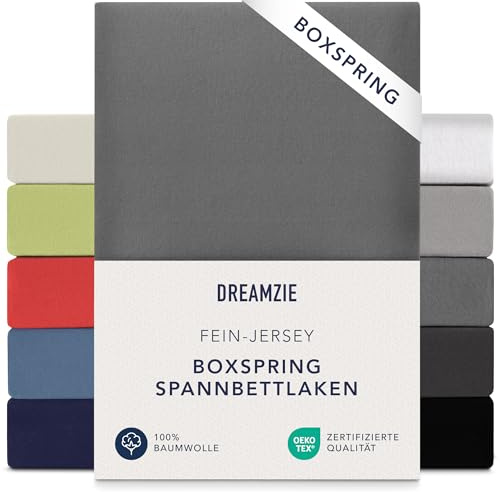 Dreamzie - Spannbettlaken Boxspringbett - 180x200cm / 200x200cm - Baumwolle | Anthrazit · 100% Premium Jersey · 37cm Hoch · Oeko-Tex zertifiziert · Elastikband · Spannbetttücher für Hohe Matratzen