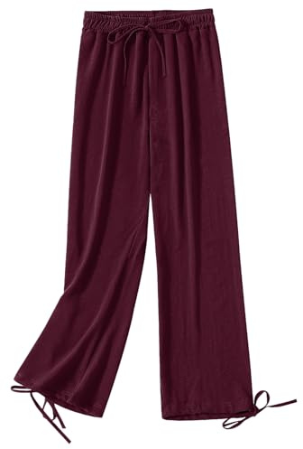 Jamron Mujer Tallas Grandes Pantalones de Cintura Alta y Pata Ancha Pantalones Casuales Elástico Holgado con Cordón Borgoña 4XL