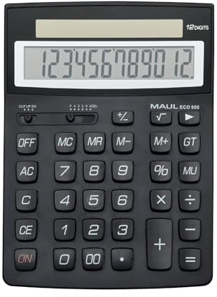 MAUL Tischrechner ECO 950 | Nachhaltiger Taschenrechner Solar mit 12 Stellen | 80% recycelter Kunststoff | Taschenrechner für Büro, Schreibtisch, Schule | Blauer Engel Auszeichnung | Schwarz