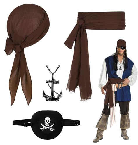 FUIPVGI 4 Stück Piratenkapitän Kostümzubehör für Erwachsene Piratenkostüm Piraten Bandana Piraten Gürtel Piraten Augenklappe Halskette, Piraten Accessoires für Halloween, Karneval