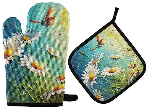 Vikeiac Ofenhandschuhe und Topflappen-Set, 2-teilig, hitzebeständig, rutschfest, waschbar, Küchen-Ofenhandschuh zum Kochen, Backen, Grillen, Bemalen von Kamillen, Gänseblümchen