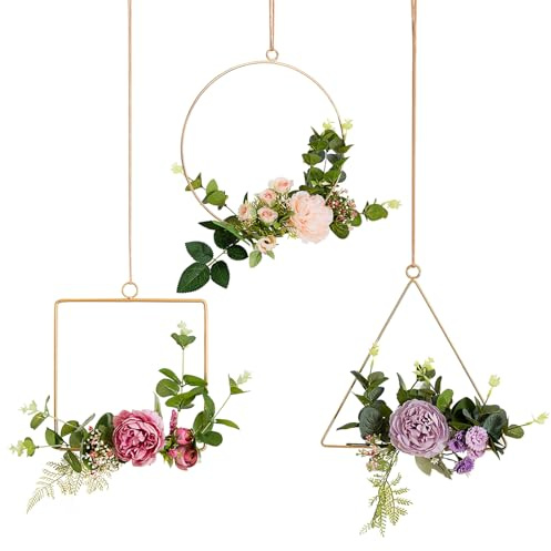 Upriver 3pcs Floral Hoop Wreath Decorative Flowers, Flower Wreath Front Door, Square+Circle+Triangle Wall Wreath Decoration for Birthday Wedding Party Home Decor DIY Craft