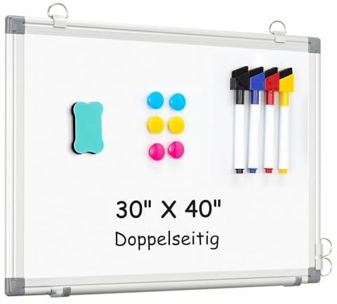QUEENLINK Doppelseitig Magnetisch Whiteboard Klein, 30x40cm Magnettafel Klein mit Aluminiumrahmen, A3 Magnetwand White Board mit Stiftablage und Haken