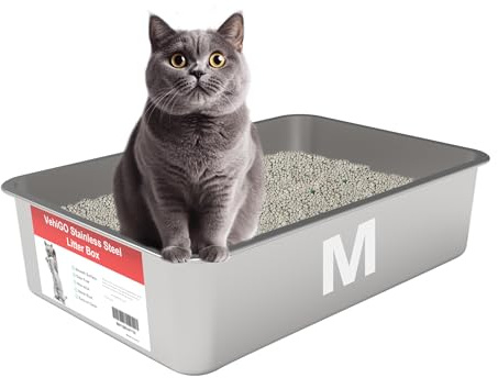 VehiGo Kattlåda i metall, hållbar kattlåda i rostfritt stål för stora katter, kattlåda med slät yta och lätt att rengöra, M (45 x 35 x 15 cm)