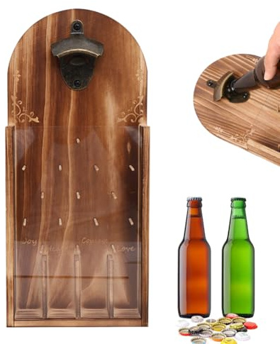 Flaschenöffner Holz, Flaschenöffner mit Auffangbehälter, Wandlustige Geschenke für Männer, Geschenke für Kollegen, Bieröffner für Küchen, Bars, Restaurants (Holzfarbe)