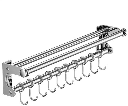 Kitchen Utensil Rack -Adhesive Wall Hooks Rack Kitchen Rail | Space Saving Wall Utensil Holder with Hanging Hooks | No Drilling Kitchen Rail for Cutter, Pot Lid and Cutting Board