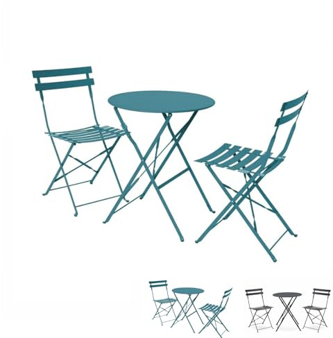 PALUPLUS Set da Bistrot 3 Pezzi, Tavolo TONDO Pieghevole 60x71 cm, 2 Sedie in Metallo 41x46x80 cm, per Balcone e Giardino, Design Retrò e Salvaspazio -7186F-15,8 (Verde Acqua)