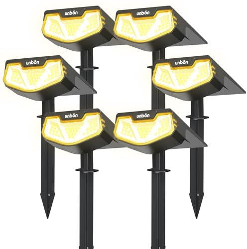 UNBON Spot Solaire Exterieur, Lot de 6 Lampe Solaire Exterieur Jardin Puissante, Lumiere Solaire Exterieur avec 3 Modes, Éclairage Exterieur Solaire Étanche IP65 pour Jardin Allée Chemin Blanc Chaud
