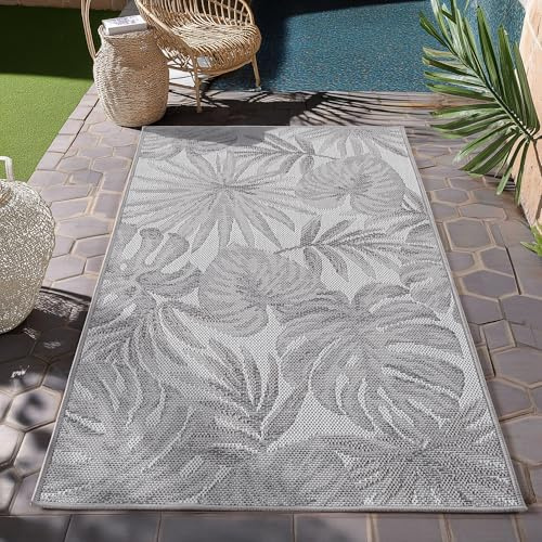 HomebyHome Outdoor Teppich Grau 80x150 cm Läufer Wetterfest UV-beständig Pflegeleicht Palmblätter Design für Küche Balkon Terrasse Wohnzimmer