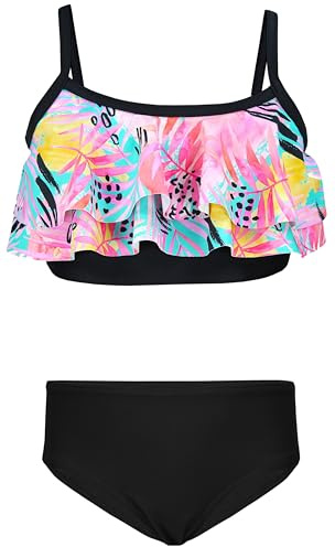 Aquarti Girls Costume da Bagno Bustier Bikini Set Bambine e Ragazze Due Pezzi, 030I con Fronzoli/Foglie/Rosa/Giallo/Nero, 116