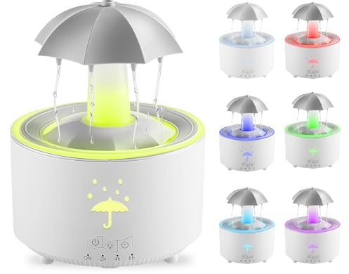 Humidificador paraguas, humidificador giratorio 300ml para dormitorio con mando a distancia y función temporizador, difusor de aromaterapia LED 7 colores
