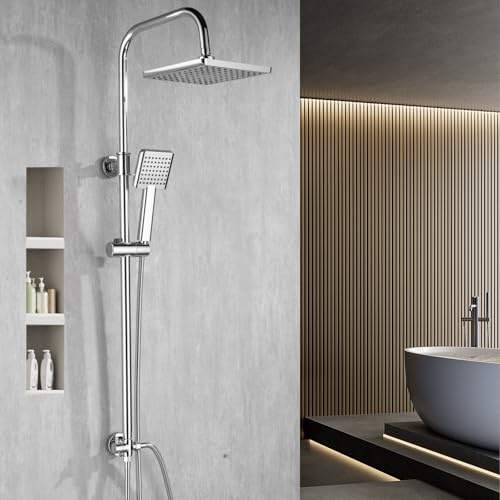Ronvie Adjustable Shower Riser Rail Kit with 8 Square Rainfall Shower Head & Handheld Spray, Dual-Function Brass Diverter Valve, Height/Angle Adjustable Anti-Leak System for Modern Bathrooms