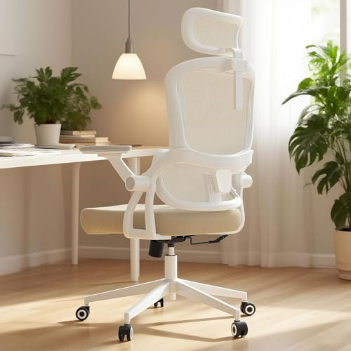 Monhey Ergonomisk kontorsstol skrivbordsstol höjdjusterbar – snurrstol med vikbara armstöd, andningsbart nät, justerbart nackstöd och intelligent svankstöd – för hemmakontor, beige