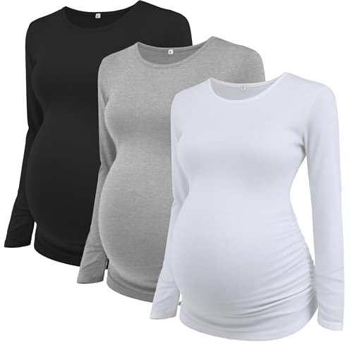 Love2Mi 3Pack Women's Maternity Tops Long Sleeve Flattering Side Ruched Maternity Shirt Maternity Clothing