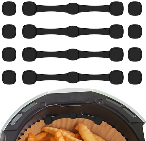 VEGCOO Lot de 4 aimants pour papier sulfurisé Airfryer, boucles magnétiques en silicone pour friteuse à air chaud, empêche les brûlures de papier, compatibles avec Ninja, Philips, Cosori (noir)