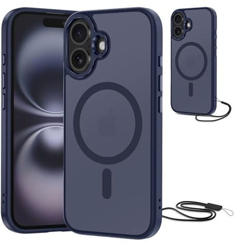 NEW'C Coque pour iPhone 16, Magnétique Compatible avec MagSafe - Bleu | Coque + Cordon détachable, 6,1 pouces, Magnétique, Antichoc militaire, Aimants N56, Fin