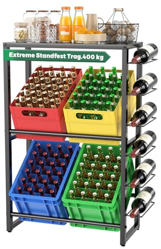 TESSTINA Getränkekistenregal mit Ablage für 4 Kisten, Trag.400KG, Kistenregal Metall, Getränkeregal, Regal Getränkekisten, Bierkistenregal, Vorratsregal, Kastenregal für Küche Balkon Camping, Schwarz