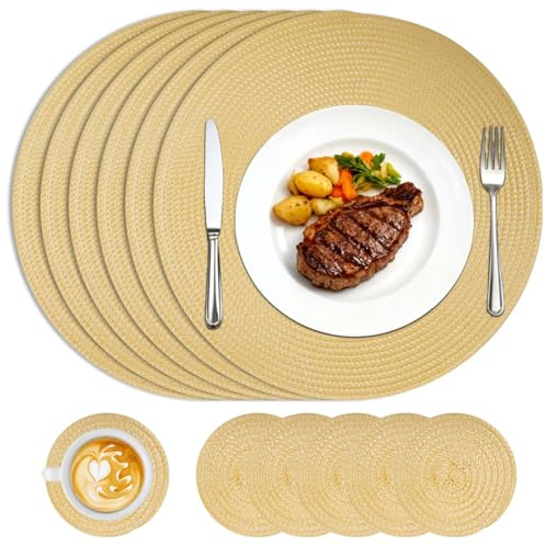 Homcomodar Round Placemats and Coasters Set of 6 Braided Woven Table Mats Washable Heat Resistant Place Mats for Tables Beige Placemats for Home Kitchen, Dining Table, Outdoor,34cm (Beige)