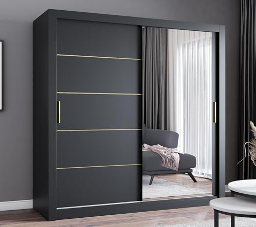 FHI-IBIZA Gold Modern Sliding Door Wardrobe with Full-Length Mirror – Bedroom Closet Storage Cabinet – Available in 120cm, 150cm, 180cm, 203cm & 250cm – White, Black, Grey & Oak (Black, 203cm)