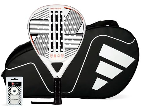 Pack Pala de Pádel Adidas Match Light 3.3 Blanca + Paletero Adidas Control Negro y Blanco + Protector y Overgrip ShockOut, Pala Pádel en Forma Lágrima, Amplia Superficie de Golpeo, para Iniciación