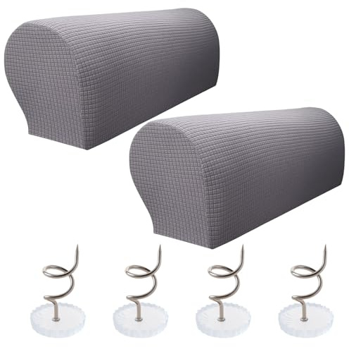 WORUIB 1 Pair Armchair Covers, Sofa Arm Covers, Waterproof Plaid Armchair Covers for Arms, 55x25x15cm Grey Sofa Cover with 4 Transparent Fixers